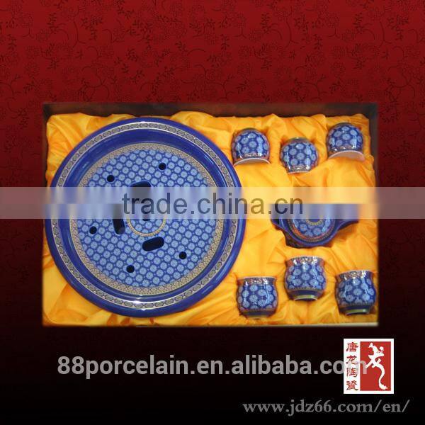 Chinese ancient design hand painted blue glazed one person tea set for banquet hospitality