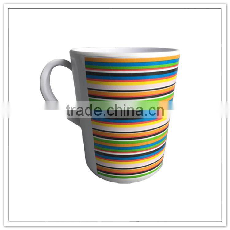 Custom 380ML colorful strips decorated plastic economic melamine mug
