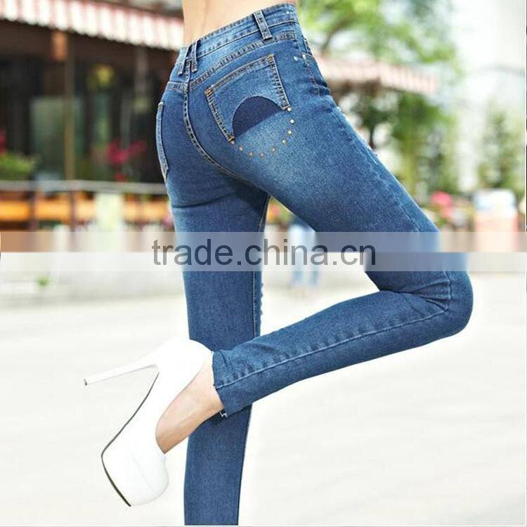 Unique design fashion denim jeans for women blue cotton slim jeans