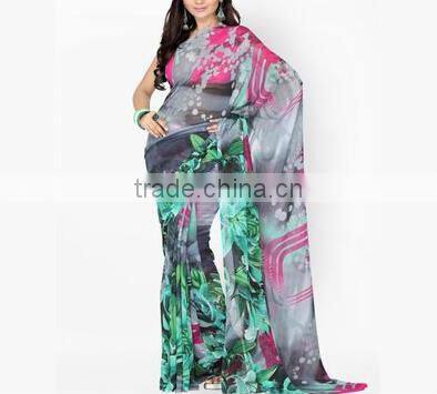 2016 Indian Traditional Saree Print Series Chiffon Long Irregular Women Dress