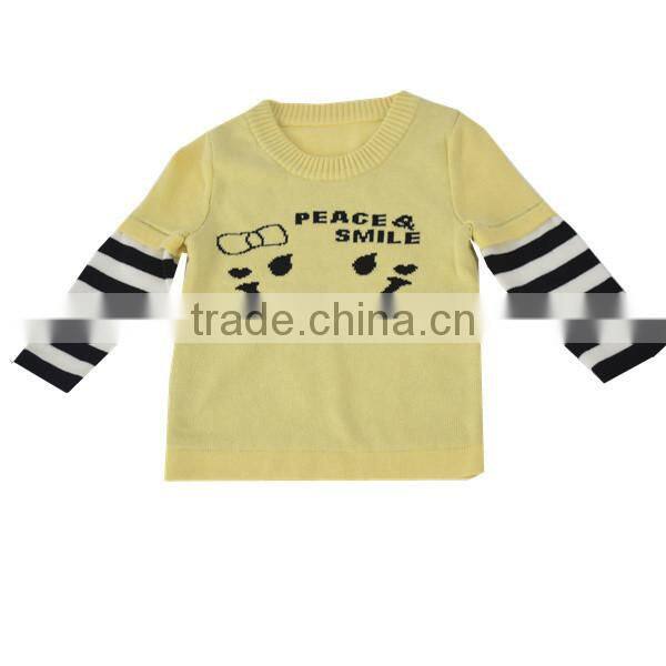 Lovely girl's jacquard pullover sweater with color stripes cuffs