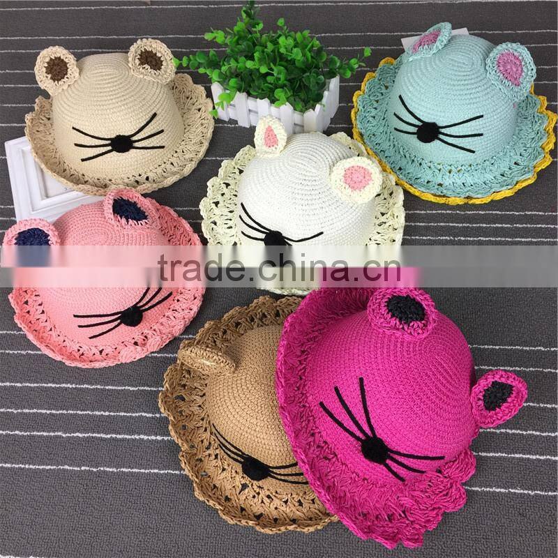 Pretty Lovely Kids Straw Hat Cat Ears Hand-woven Soft Straw Hats Baby Cartoon Cap Summer Straw Sunbonnet Infants Children mz-255