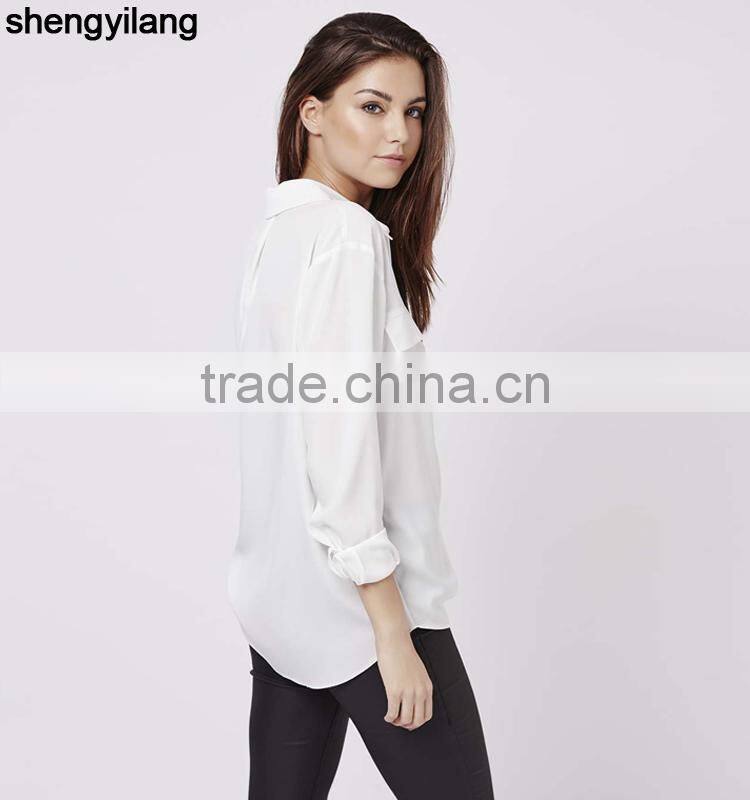 Simple and stylish women white shirts wholesale,custom Tie-Up Pocket Blouse with your own logo china supplier
