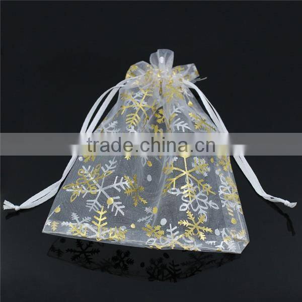 Organza Jewelry Bags Drawstring Rectangle White Christmas Snowflake Pattern 16cm x 12cm