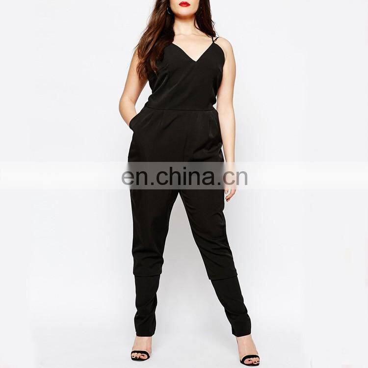 Wholesale New Design Women Strappy Plunge Front Black Jumpsuit In Plus Size