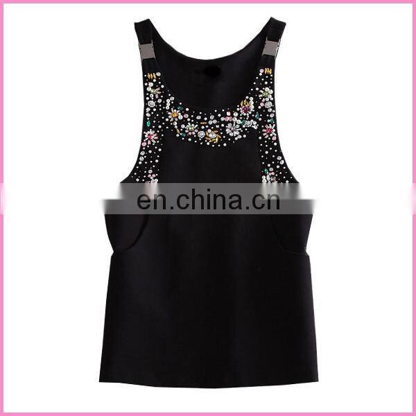 elegant appliqueds colorful stones vest dress with 2 pockets