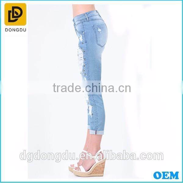 2016 Top Quality Soft Breathable Wholesale Slim Blue Casual Denim Pants for Lady