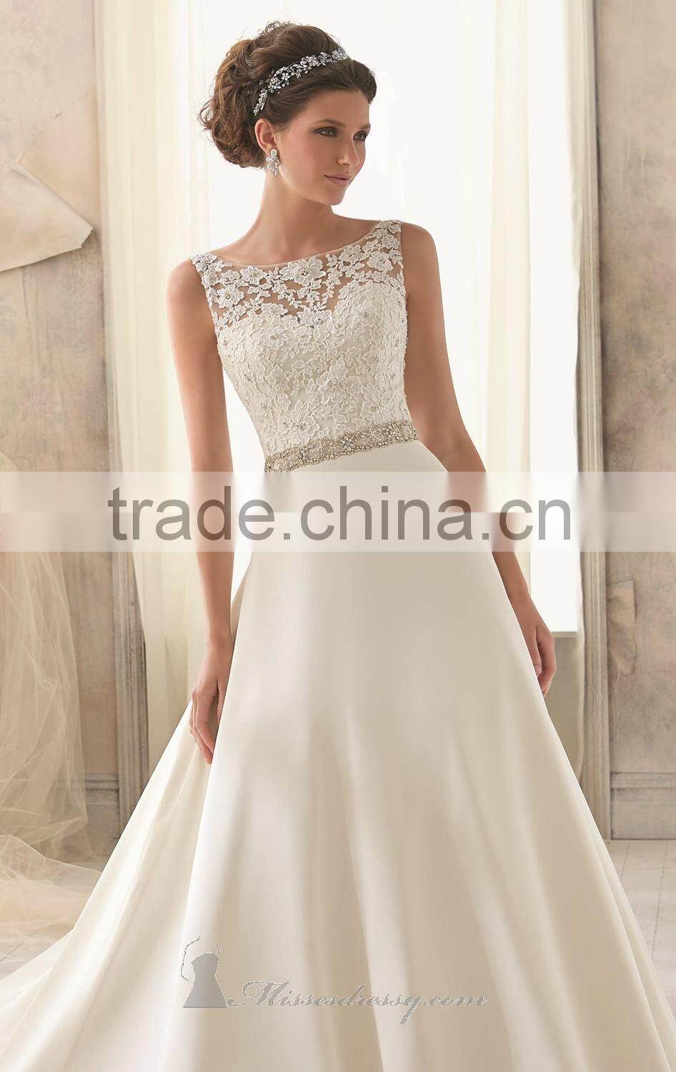 Elegant Bateau Neckline Sleeveless with Lace Applique Beads Natural Waistline Sexy Open Back Wedding Dresses