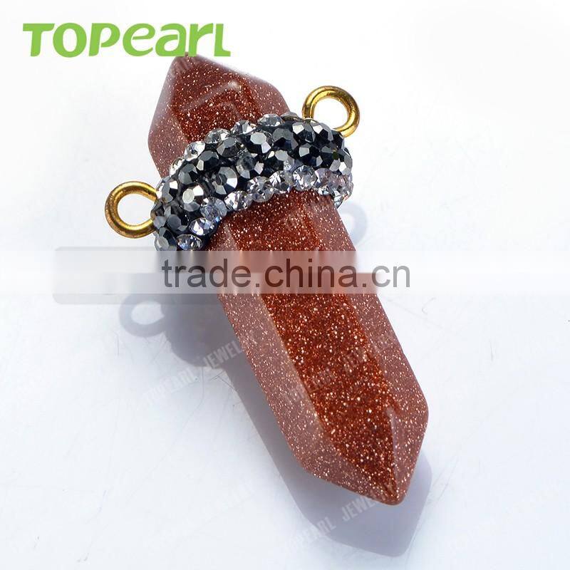 Topearl Jewelry High Quality Hexagonal Prism Red Goldstone Pendant Rhinestones Clay Pave Stone Pendant SPW05