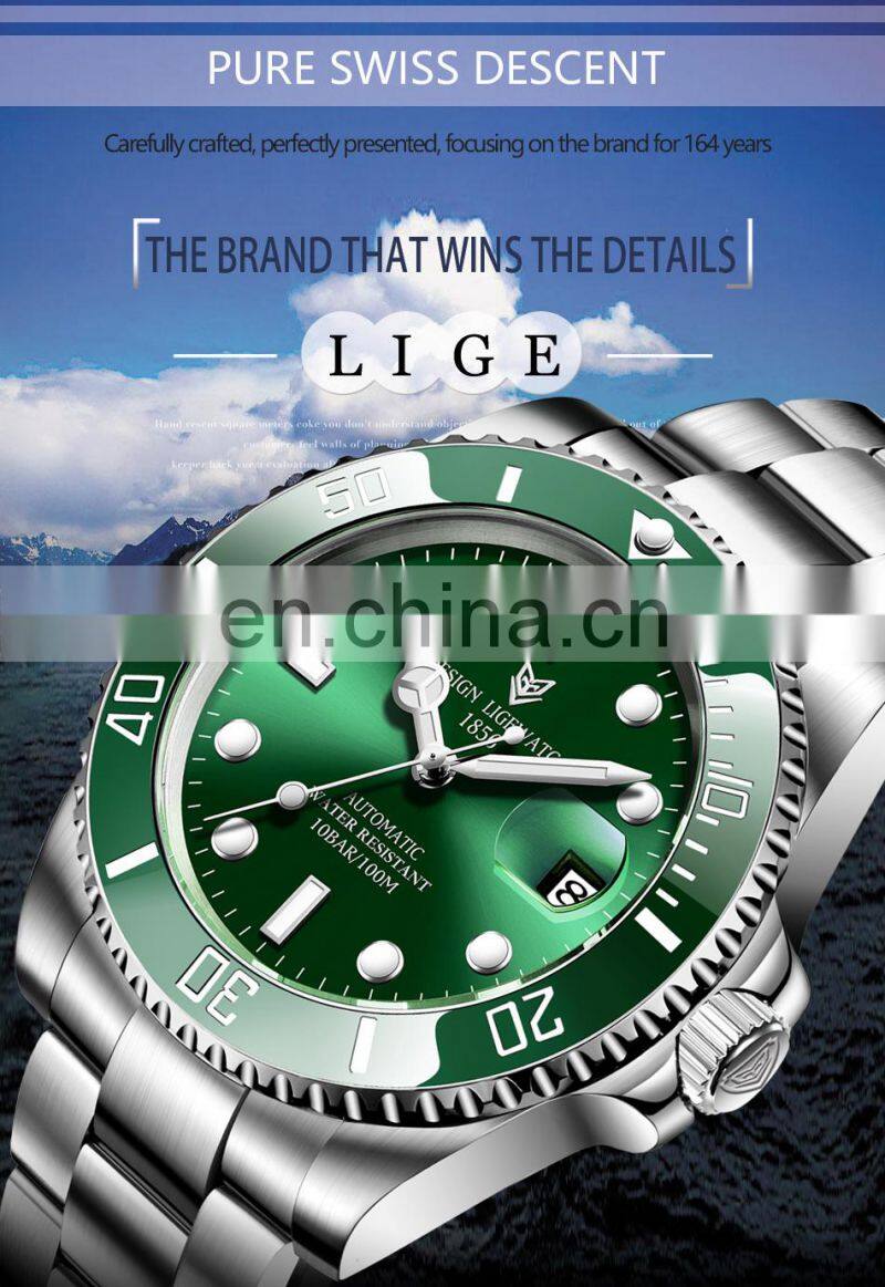 LIGE 6801 Luxury Automatic Watches Men Stainless Steel Waterproof Dive Watches Business Mechanical Watch