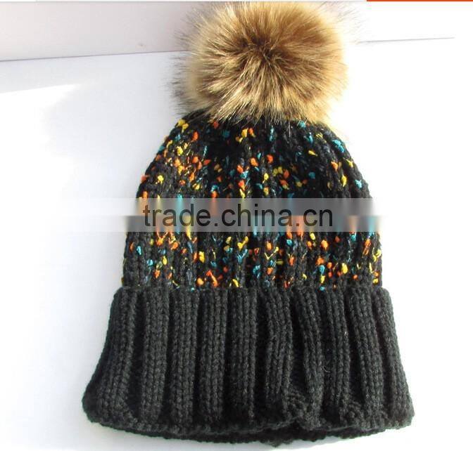 Fashion Korean Coloured Thread Knitting Faux Fur Pom Pom Beanie Hat