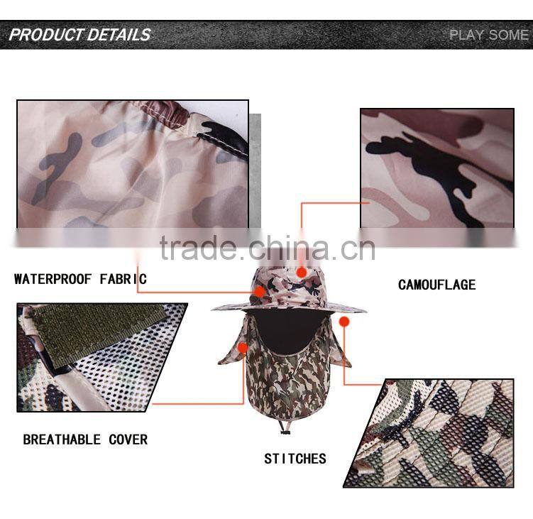Fishing waterproof material face mask and neck shade wide brim custom camo bucket hat
