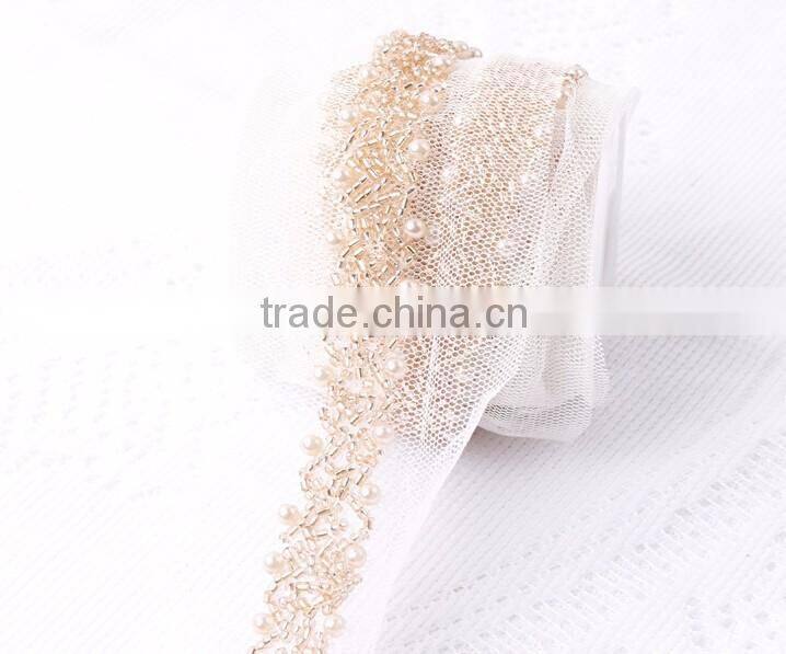 Pink Color Glass and Pear Mesh Chain With Iron-on Glue For Wedding Dress Decoration