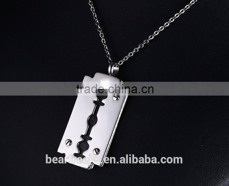 Mens Polished Stainless Steel Carbon Fiber Razor Blade Brushed Dog Tag Pendant Vintage Punk Necklace