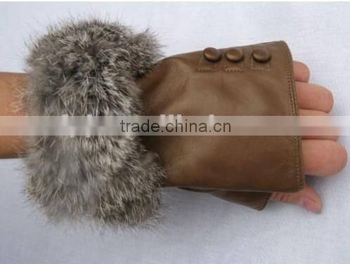 2016 Hot selling rabbit fur trim fingerless leather glove