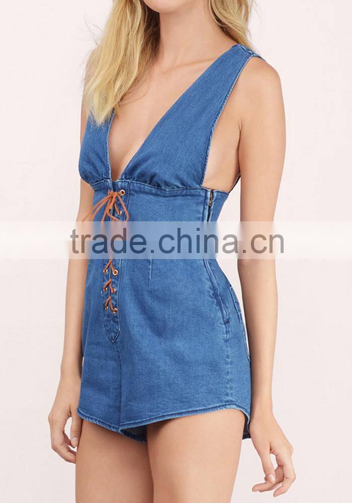 Custom service playsuits for women 2016 sexy backless denim shift romper
