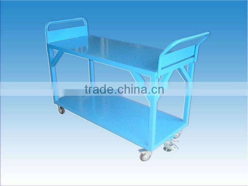 blue metal platform hand truck,double layers with four wheels
