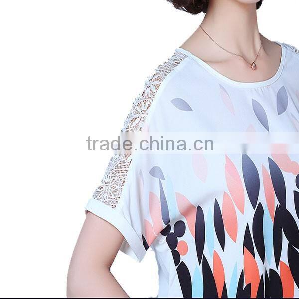 summer fashion printed women short sleeve hollow lace t-shirt