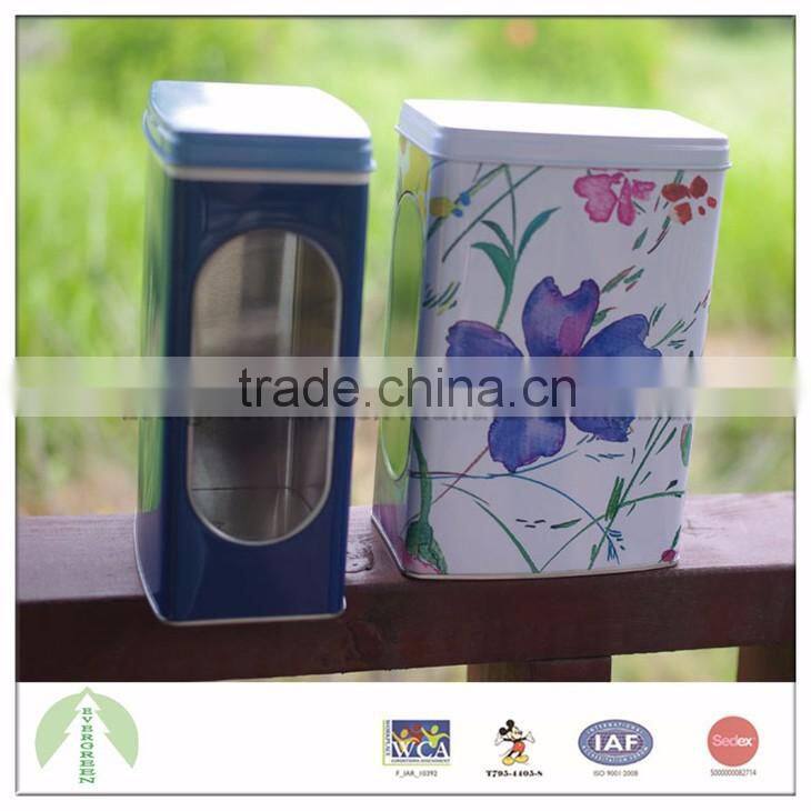 Evergreen tin box 12.35*8.00*18.65 cm round head rectangle with lift-off lid and PVC window