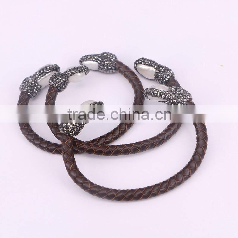 Natural Freshwater Pearl Bangle Bracelet, With Crystal Zirzon Leather Cord Bracelets, Druzy Jewelry Bang Druzy Jewelry Bracelets