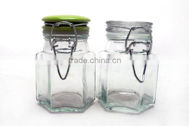 hexagon clear glass jar with airtight ceramic lid
