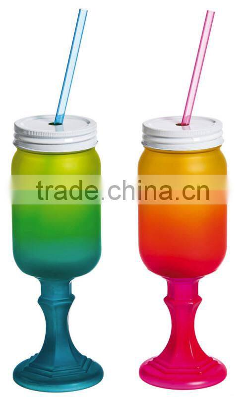 Bright Ombre Mason Jar on a Pedestal Glass Drinkware w/ Straw 2 asst