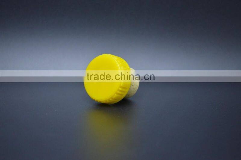 Shiny yellow plastic cap with wooden cork for glass bottle cheap price