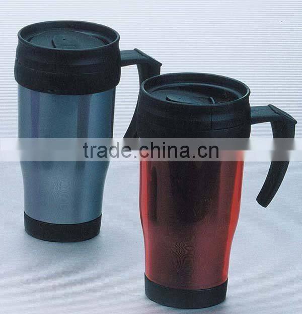 Promotional Paper Insert plastic coffe travel mug double wall coffee cup car mug with handle