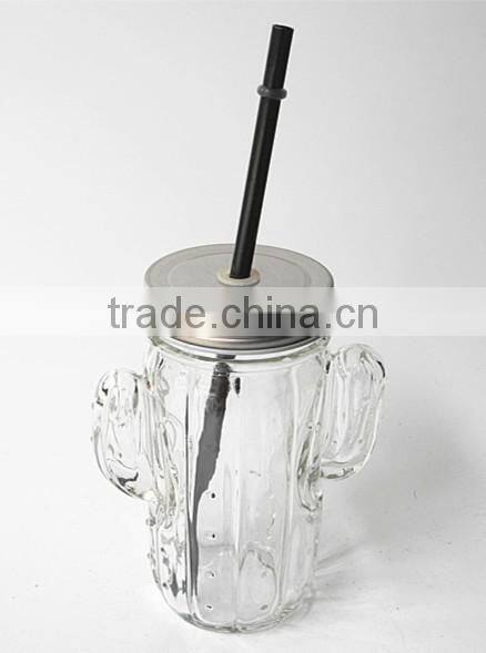 cactus plant unique shape clear glass juice mason jar with silver lid and straw