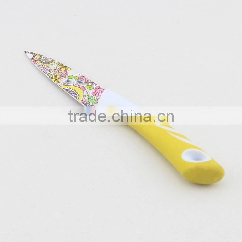 Flower Pattern Blade Non Stick Coating Paring Knife with Rubber Handle