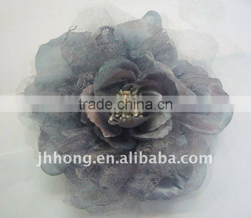6.3" gauze camellia hair flower rhinestone centered fabric flower