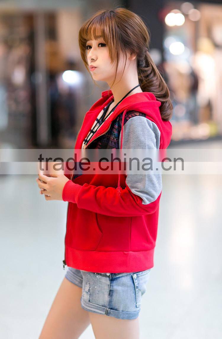 Women cotton splicing printed zipper bomber jacket with hood