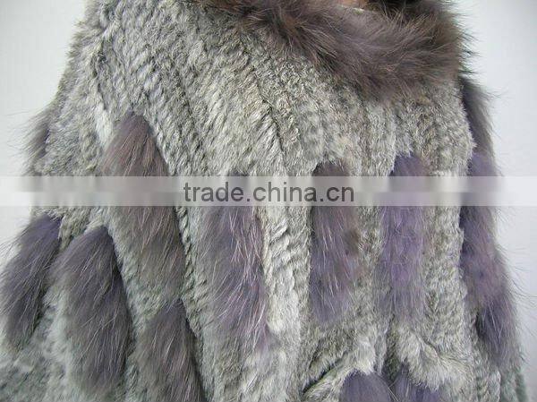 CX-B-31B Big Size Wholesale Natural Colour Knit Rabbit & Raccoon Fur Fashion Shawl