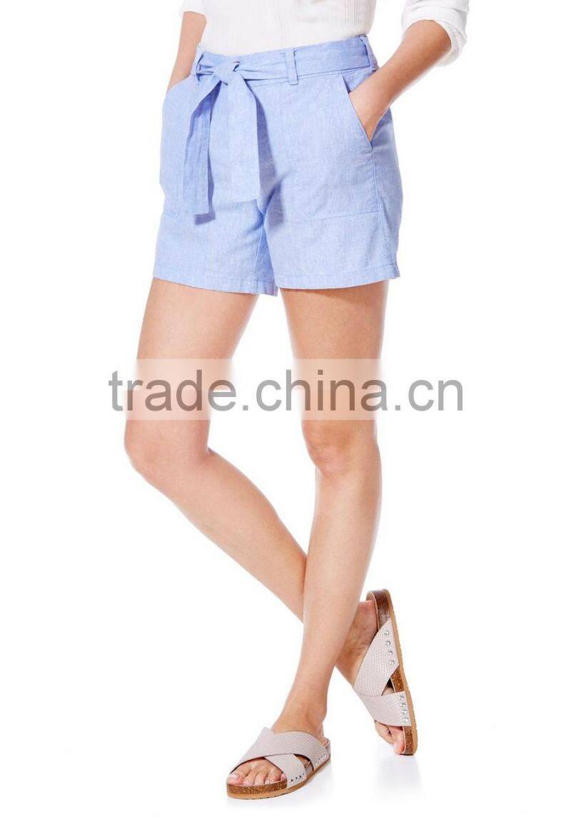 Wholesale women clothes summer casual belted cotton chambray shorts