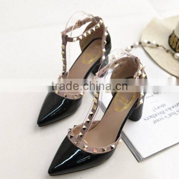 F20012H Pointed high heel women shoes rivets sexy shiny PU women shoes