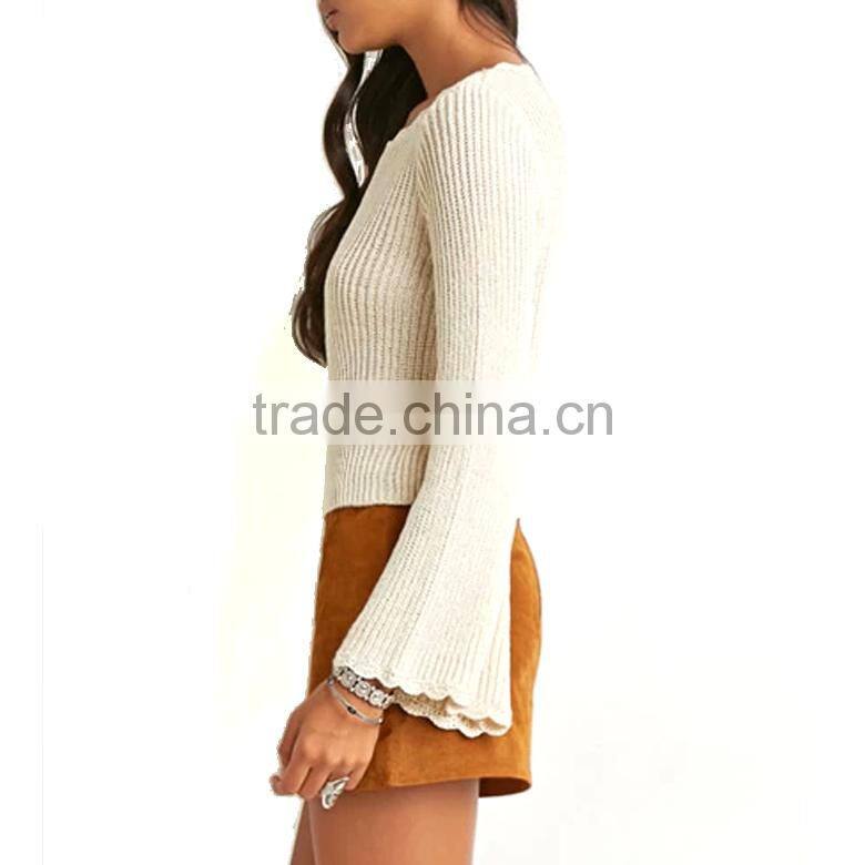 fashionable design acrylic long flare sleeve wide o neck women pullover sweaters