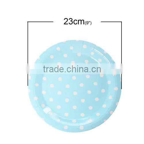 Skyblue Dot Pattern Round Paper Food Plates 23.0cm