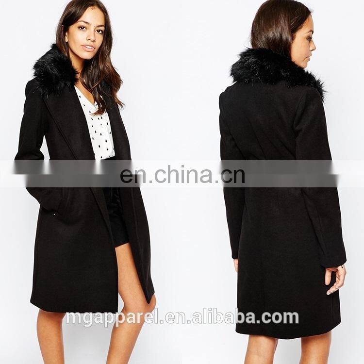 New style women coat model Tie belt women's long winter coat with Faux Fur Collar