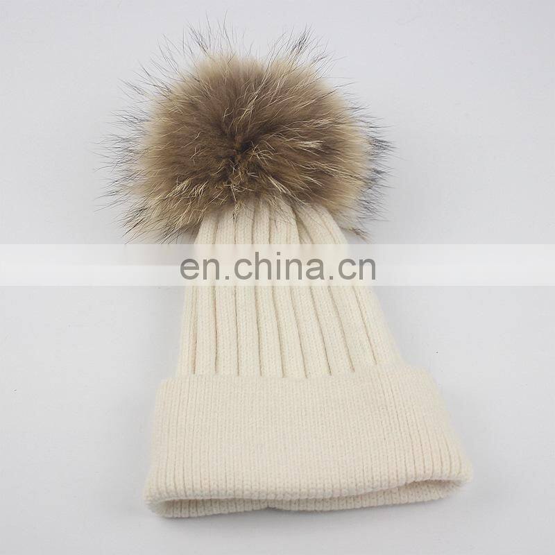 Top Quality Big Fur Pom Pom Kids Hats Raccoon Fur Balls Baby Knitted Hat