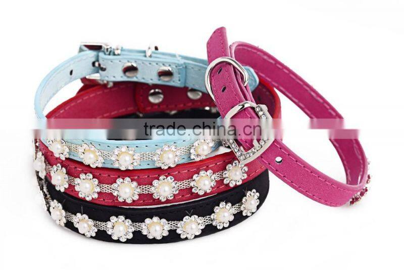 Yak wool leather pet collar handmade pearl diamond dog collar
