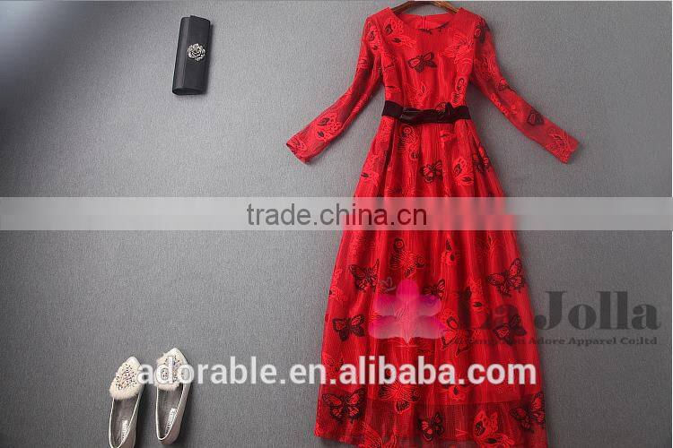 2016 new fashion design women dress long sleeve maxi dress printed prom dress