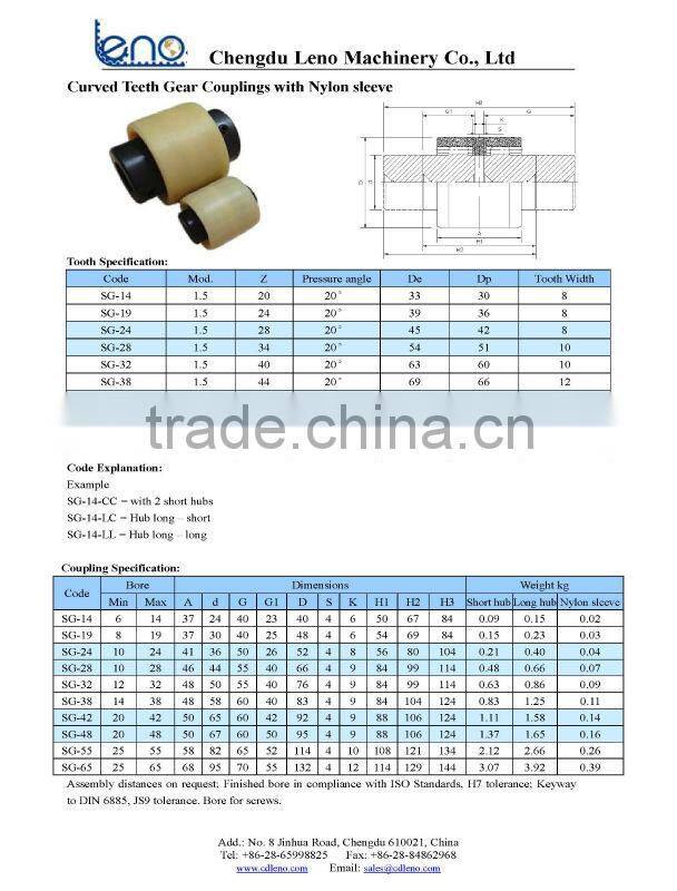 Standard nylon sleeve Curved teeth gear couplings