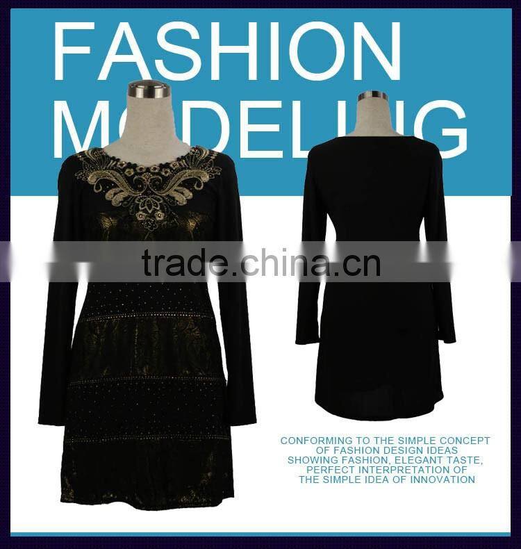 latest new design fashion scoop neck unique studded pattern tiered stud front pleating women dress