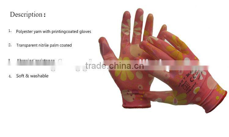 Hot Sale Transparent Nitrile Coated Polyester Printing Gardening Work Gloves For Lady