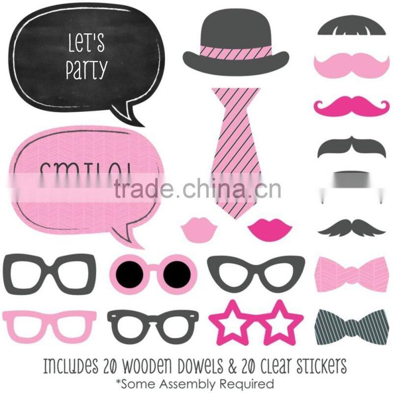 Pink Mustache Bash - Piece Photo Booth Props Kit - 20 Count