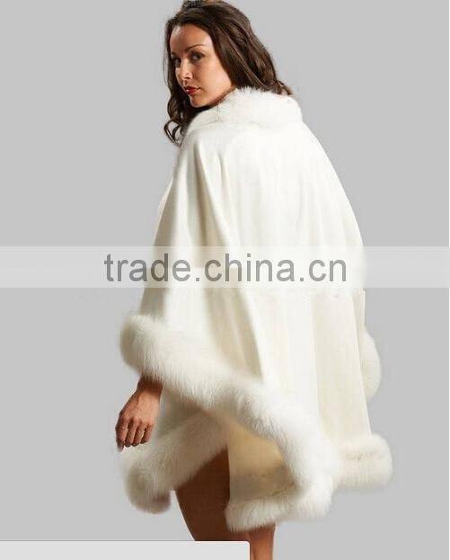 New Fashion Large Size Women White Cashmere Cape with Big Fox Fur Trim