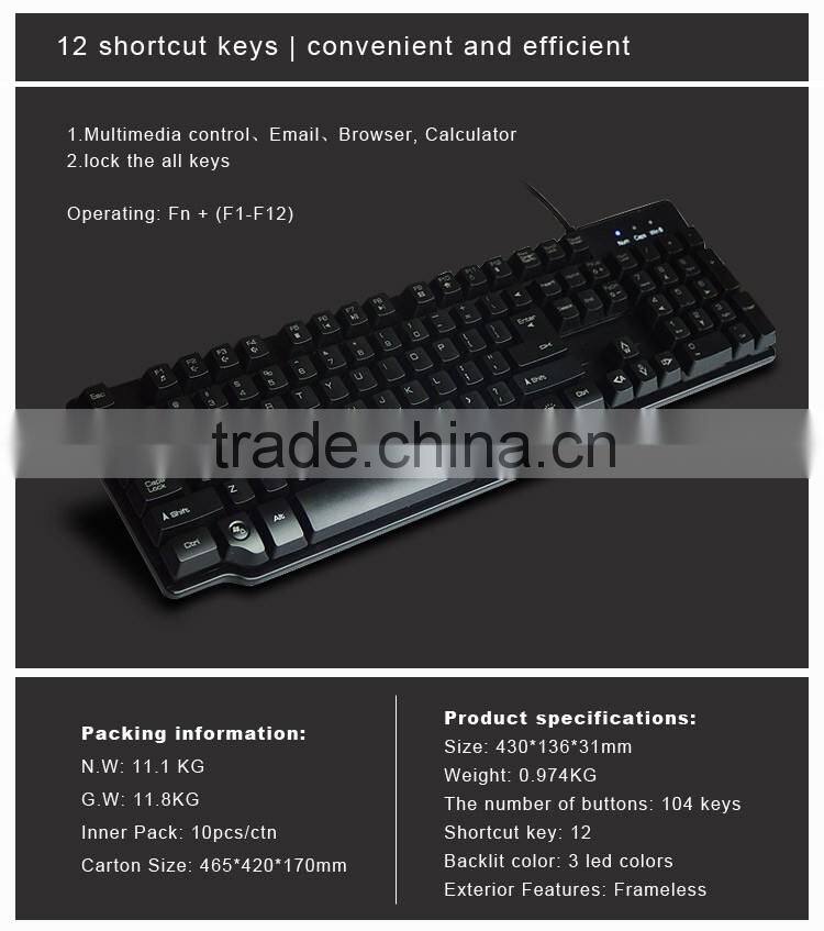 3 LED backlit colors computer keyboard half-mechanical keyboard feel