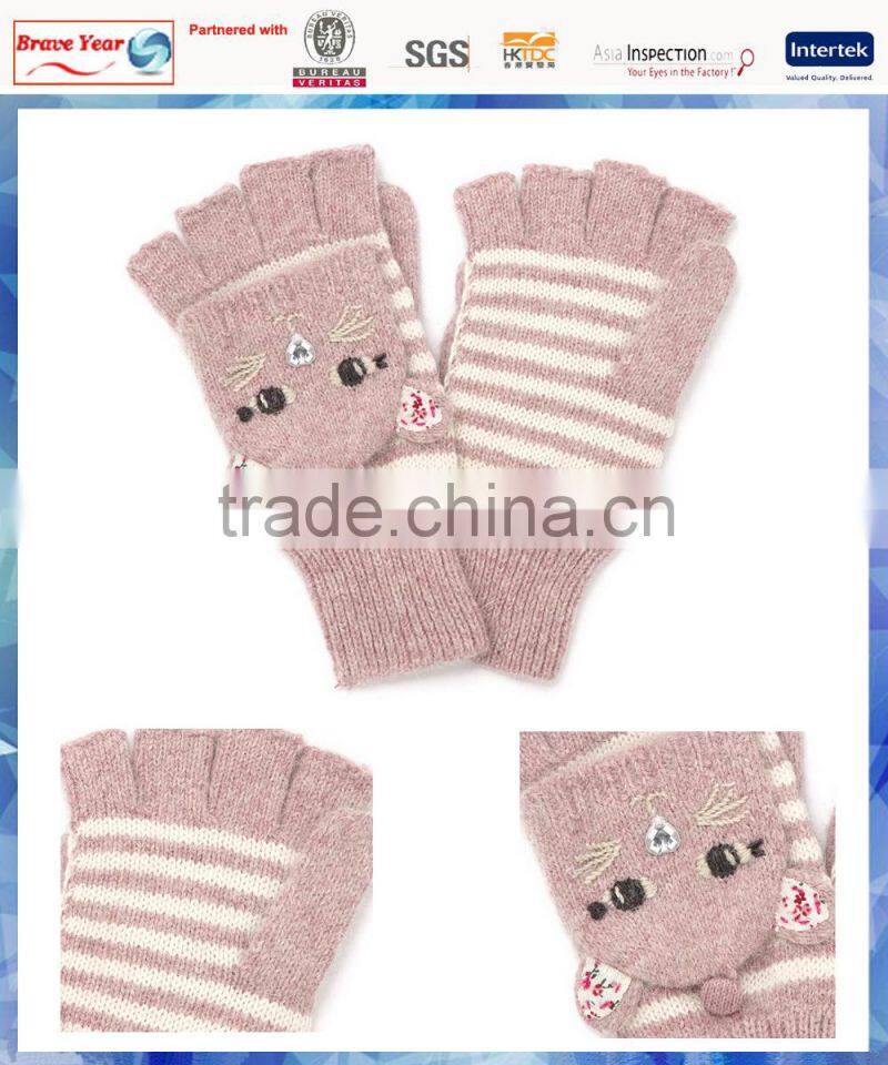 young girls fluffy cat capped knitted winter glove mitten