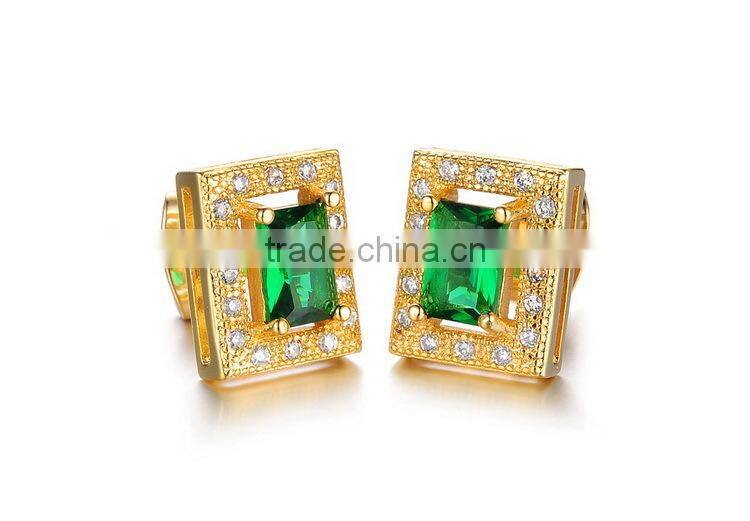 KSTONE 2015 new design 18K gold plated square green big AAA+ cubic zirconia diamond stud earrings for women