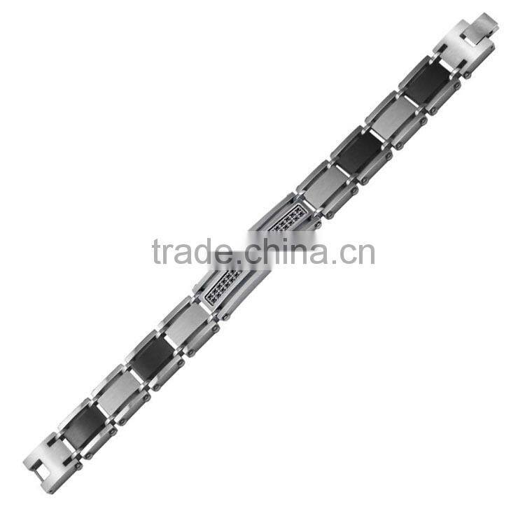 Stainless Steel Bracelet - black platted cross ID bracelet with CZ and words "DAD" on it